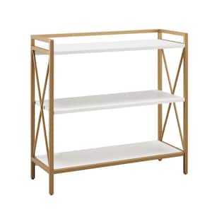 Claudette 32.25 in. White and Gold Mixed Metal and Wood 3-Shelf Accent Bookcase