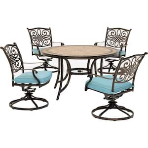 Monaco 5-Piece Aluminum Outdoor Dining Set with Blue Cushions Swivel Rockers and Tile-Top Table