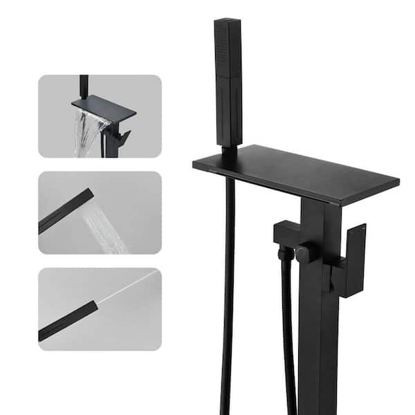 Single-Handle Floor Mount Claw Foot Tub Faucet with Waterfall Spout and 2-Function Handheld Shower in Matte Black
