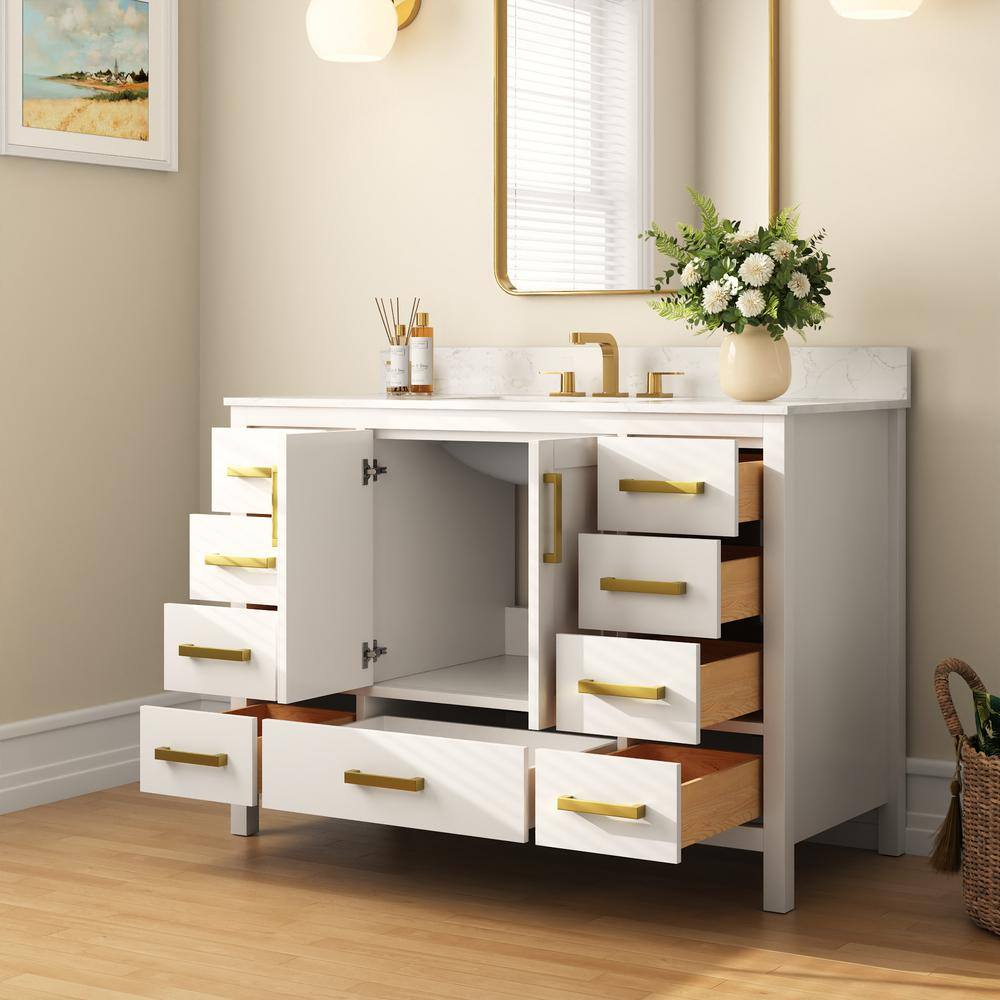 48'' White Bathroom Vanity with Ceramic Sink and Gold Hardware