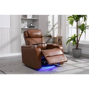 Light Brown Faux Leather Recliner with USB Charging, Audio, Hidden Arm Storage, Cup Holder, 135° Tilt, Theater Seating