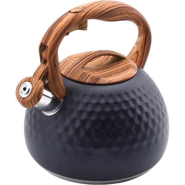 12-Cup Black Whistling Stovetop Tea Kettle Stainless Steel Induction Gas Electric Compatible with Wood Pattern Handle