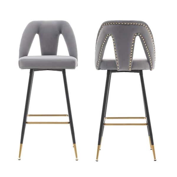 STICKON 40.8 in. H Gray Low Back Metal Frame Bar Stool with Velvet Seat (Set of 2)