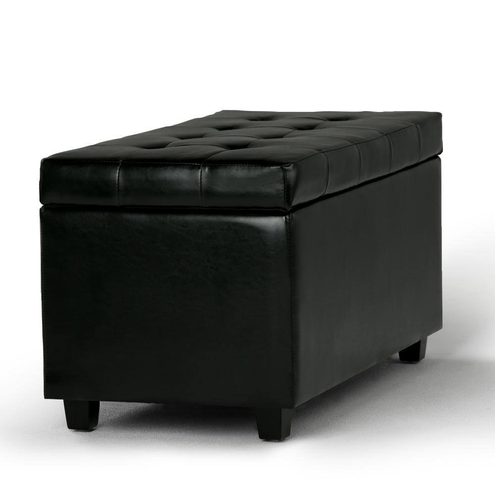 Midnight Black Tufted Faux Leather Rectangular Ottoman