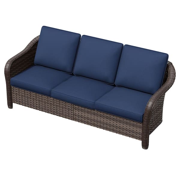 3-Seat Brown Wicker Outdoor Couch Patio Sofa with Thick Blue Cushions