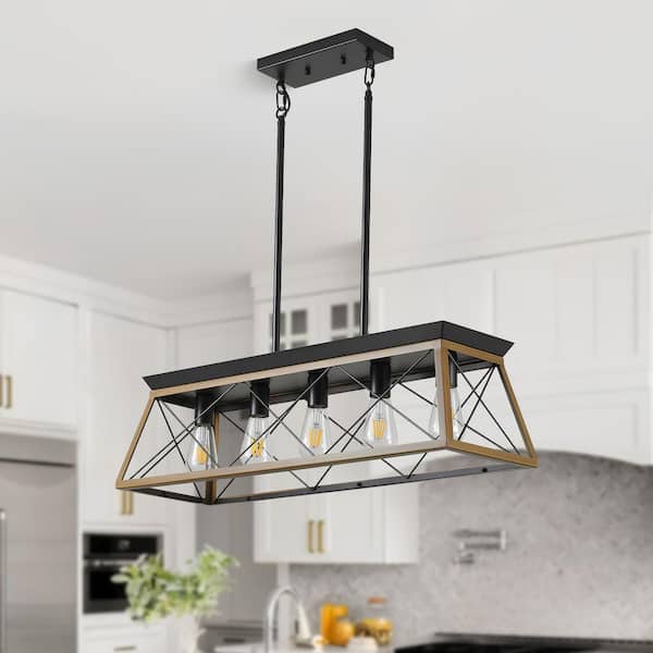 TaiMei Rustica 5-Light Farmhouse Walnut Rectangle lsland Chandelier Light