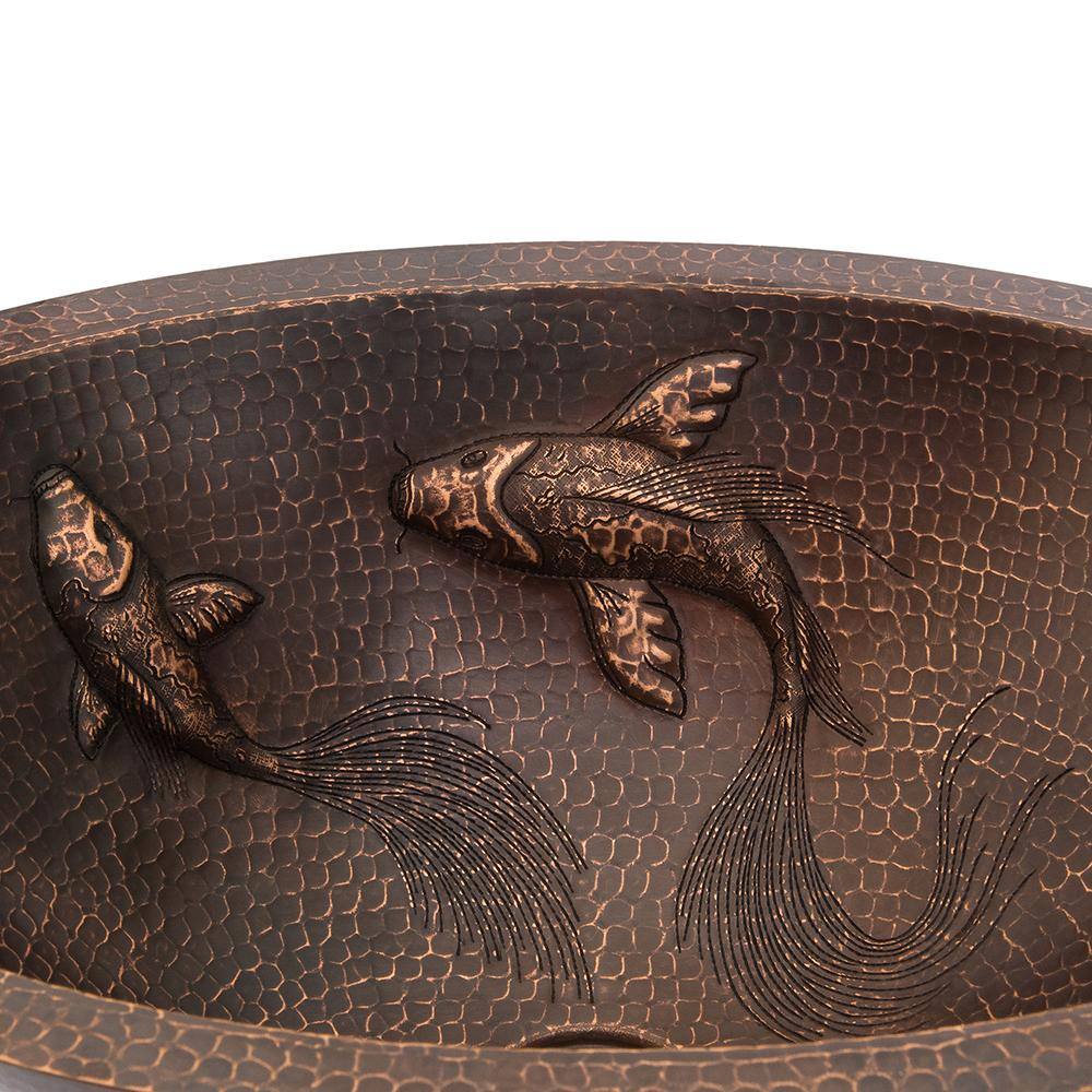 19" Oval Hammered Copper Undermount Sink with Koi Fish Design