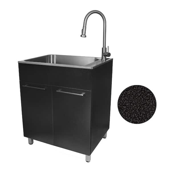 28 in. W x 10 in. D x 22 in. L Freestanding Stainless Steel Laundry Sink with Faucet and Double Door Cabinet in Black