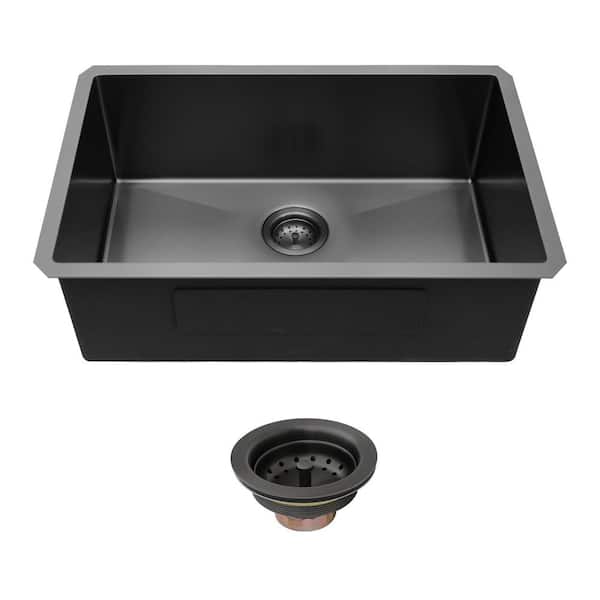 33 in. Undermount Single Bowl 16 Gauge Gunmetal Black Stainless Steel Kitchen Sink with Drain Assembly