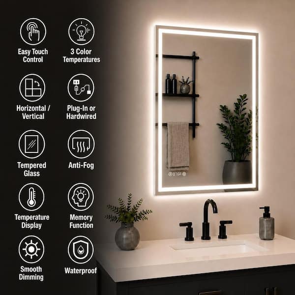 Luma Pro 24 in. W x 36 in. H Rectangular Frameless LED Light Dimmable Anti-Fog Wall Bathroom Vanity Mirror