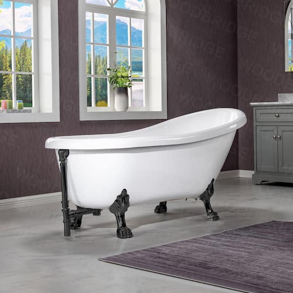 WOODBRIDGE Eurek 67" Heavy Duty Acrylic Slipper Clawfoot Bath Tub in White,Claw Feet,Drain and Overflow in Matte Black