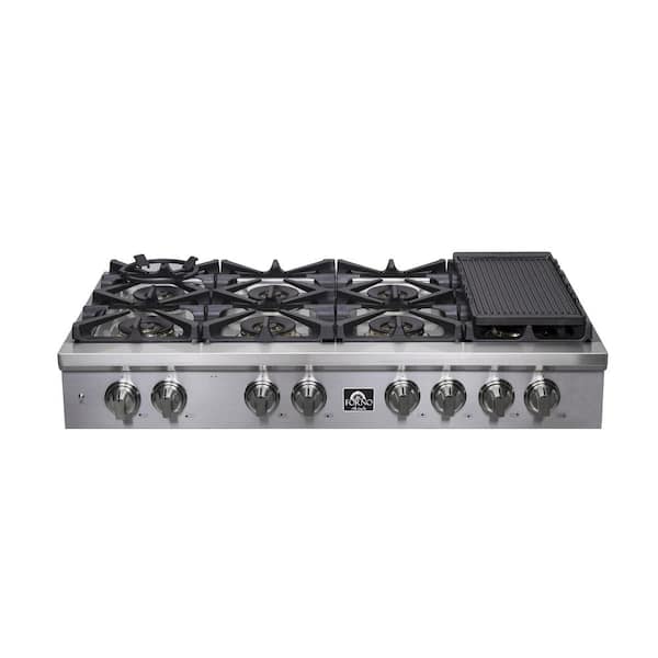 Forno ALTA QUALITA 48 in. Pro Style Cooktop with Griddle and 8 Sealed Brass Burners -160,000 BTU - in Stainless Steel