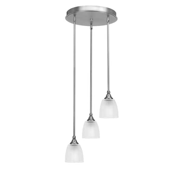 Unbranded Villa 60-Watt 18.5 in. 3 Light Brushed Nickel Stem Pendant Light with 5 in. Clear Ribbed Glass Shade No bulbs included