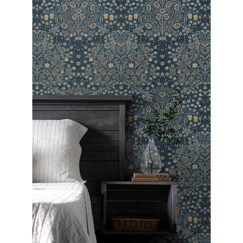 Aegean Blue and Warm Stone Floral Peel and Stick Wallpaper