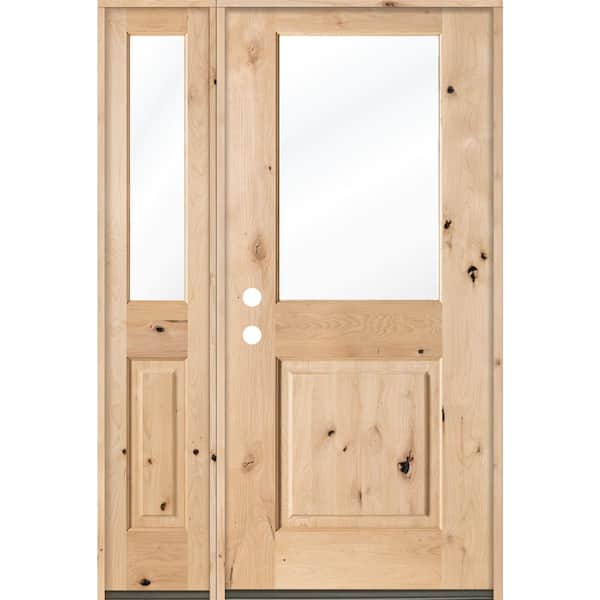 Krosswood Doors 46 in. x 80 in. Rustic Alder Half Lite Clear Low-E Unfinished Wood Right-Hand Inswing Prehung Front Door/Left Sidelite