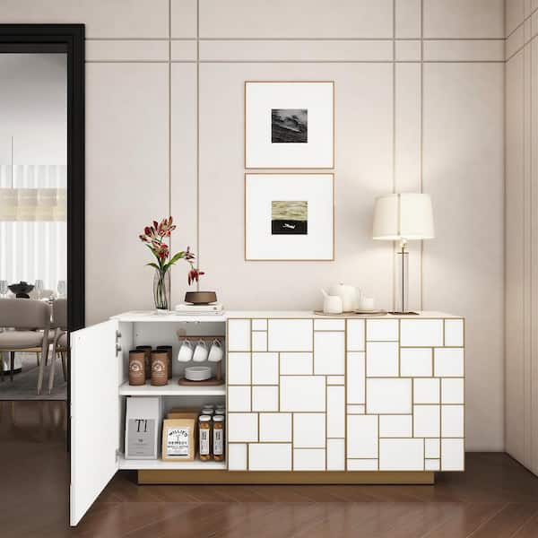 Boyel Living White MDF 70.87 in.  Buffet Sideboard Dining Table Metal 3 Door Storage Cabinet