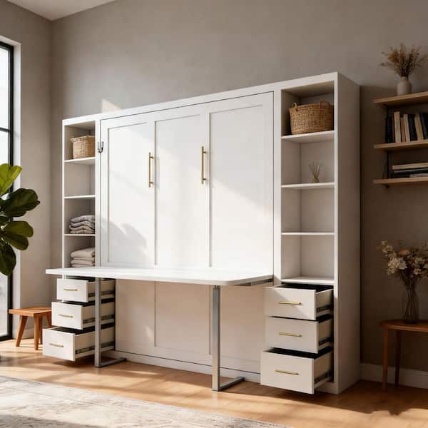 Elena White Wood Frame Queen Size Multifunctional Murphy Bed, Wall Bed with Grey Bed Frame, Desk, Side Storage Cabinet
