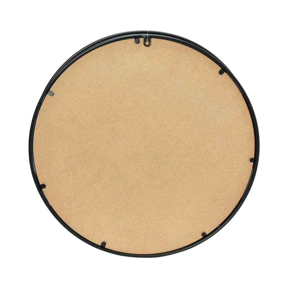 Contemporary Black Metal & Wood Round Wall Mirror with Shelf