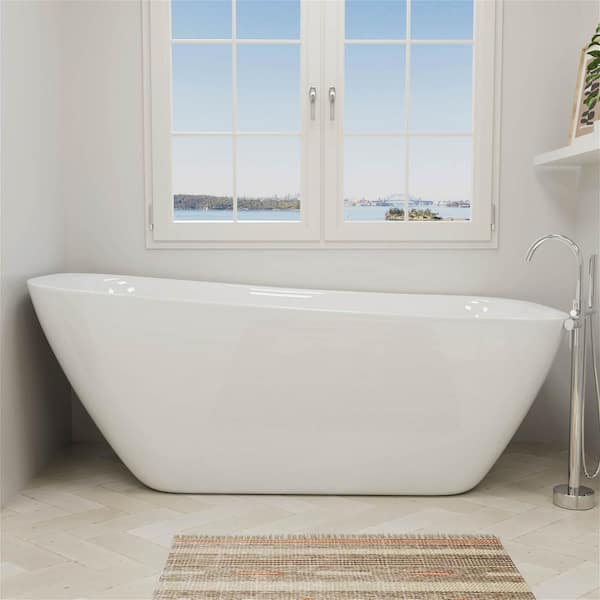 Mokleba 63 in. Acrylic Freestanding Bathtub Flatbottom Soaking SPA Tub with Polished Chrome Drain Bathtub in White