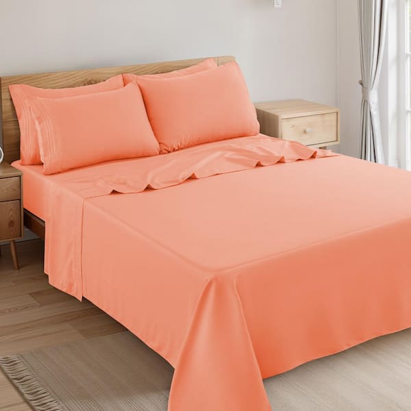 6-Piece Coral Solid Color Microfiber Full Deep Pocket Sheet Set