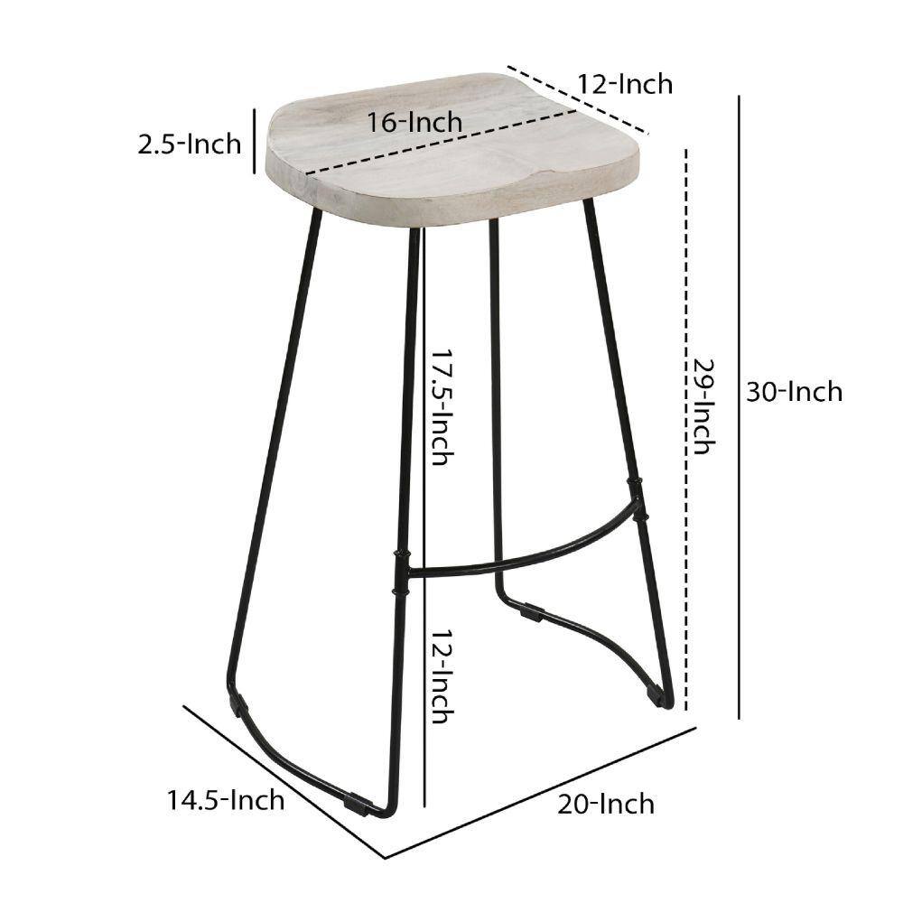 30-Inch Whitewashed Mango Wood Saddle Seat Backless Barstool with Black Metal Base