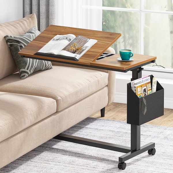 32 in. Rustic Brown Engineered Wood C Shaped End Table with Wheels and Side Pocket, Height Adjustable
