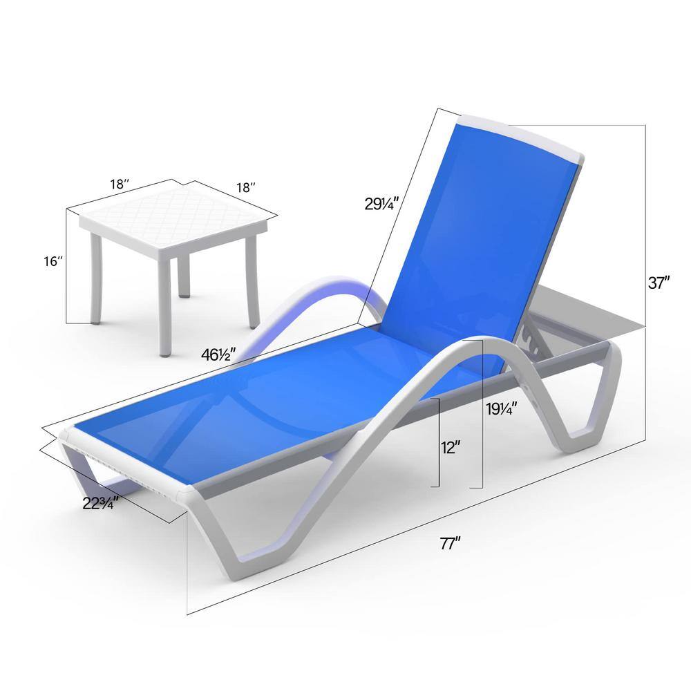 Blue Aluminum Adjustable Outdoor Chaise Lounge Set with Table