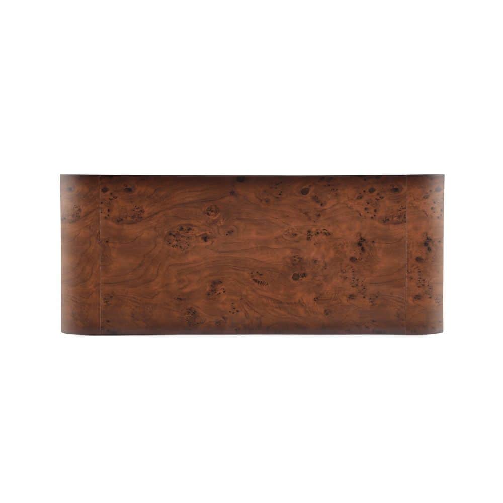 Top-down view of the walnut burl veneer coffee table surface.