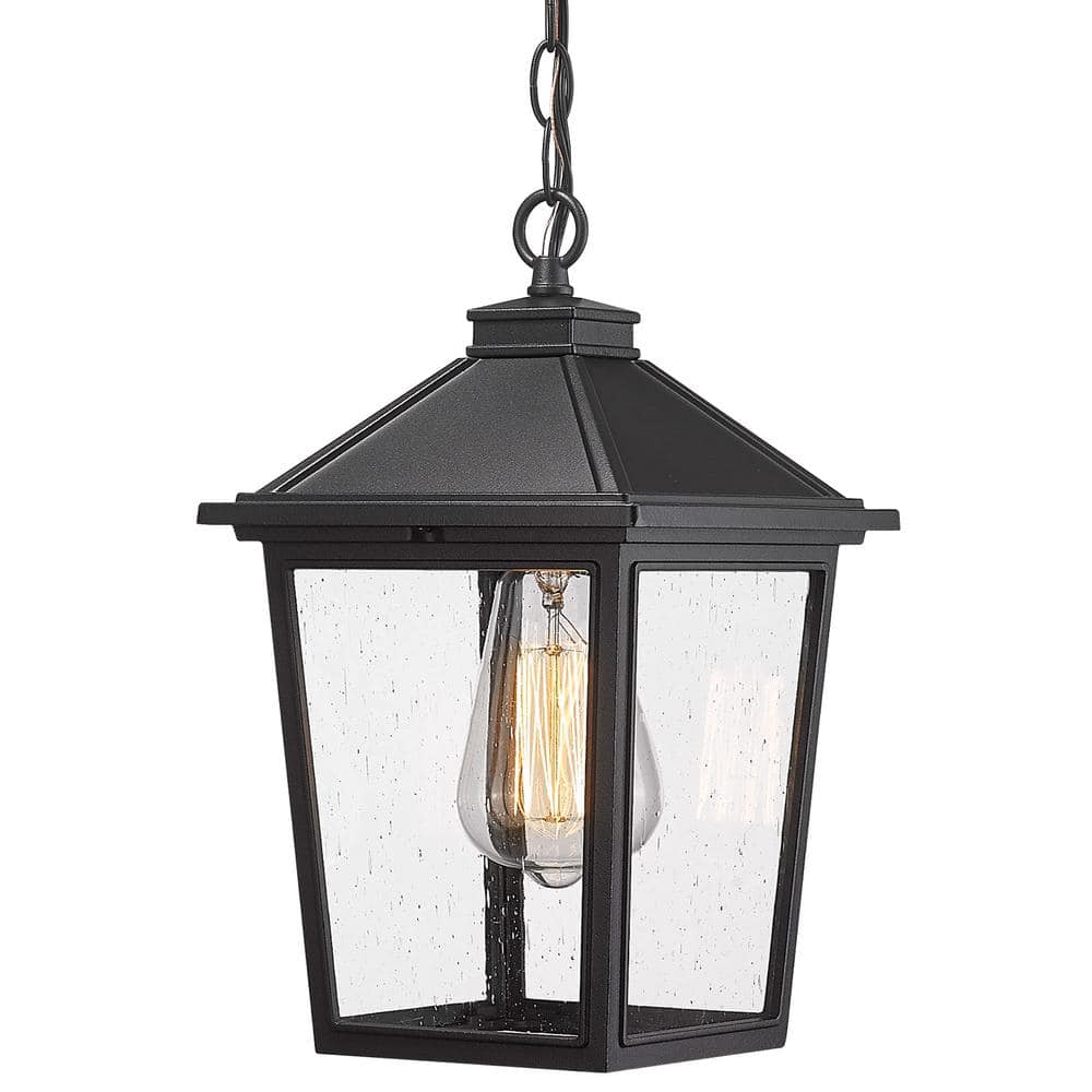 14.17 in. 1-Light Black Outdoor Pendant Light with Seeded Clear Glass Exterior Hanging Porch Light and No Bulbs Included price history on PriceWatchPro