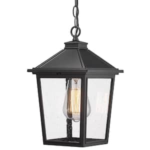 14.17 in. 1-Light Black Outdoor Pendant Light with Seeded Clear Glass Exterior Hanging Porch Light and No Bulbs Included