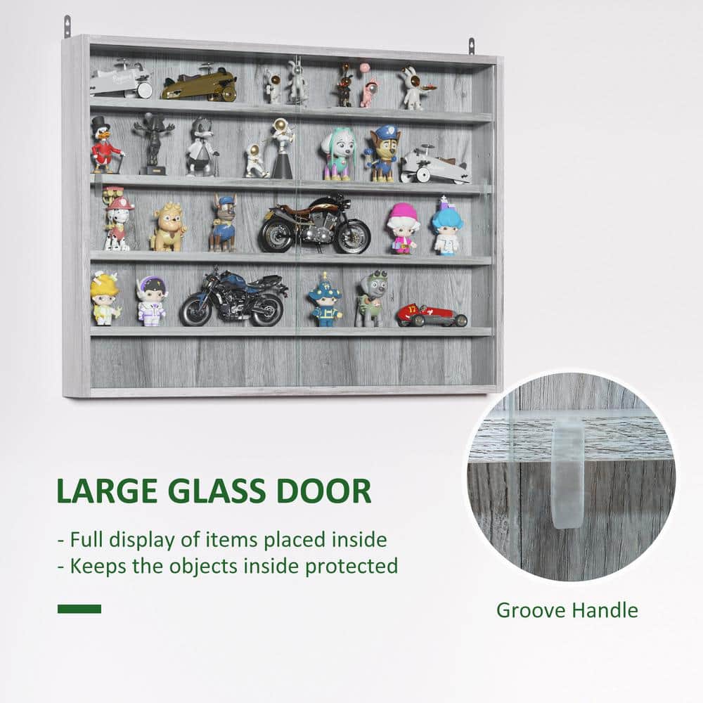 Gray Wood 5-Tier Wall-Mounted Display Cabinet with Glass Doors
