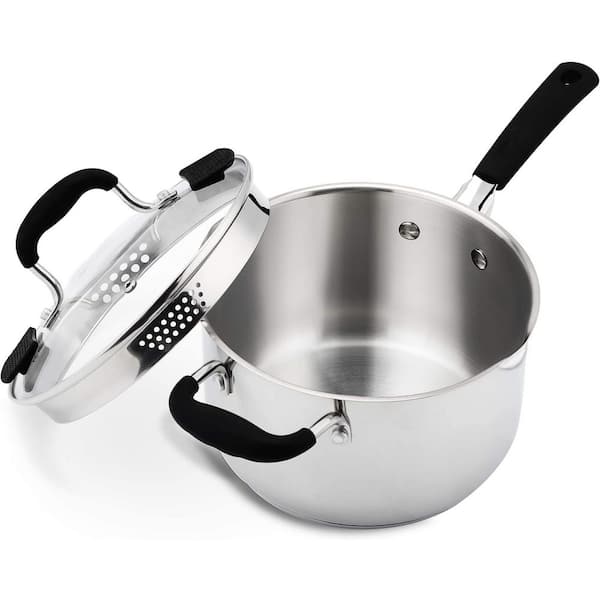 3.7 qt. Stainless Steel Nonstick Sauce Pan in Silver with Glass Lid, Pour Spout, Built-in Strainer, 1-Pack