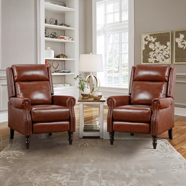 30 in. Red Brown Modern Genuine Leather Recliner with Nail Head Trim Adjustable Push Back and Solid Wood Legs (set of 2)