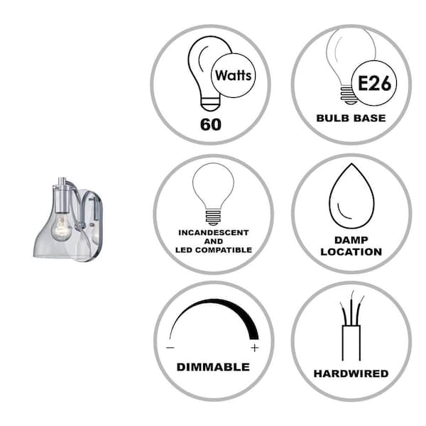 1-Light Polished Chrome Bathroom Wall Sconce Light Fixture with Clear Glass Shade