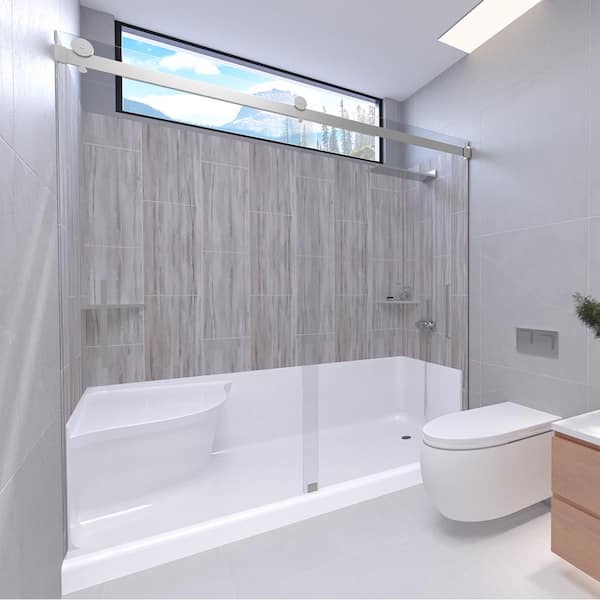 NuVo Driftwood-Tetherow 60 in. x 32 in. x 83 in. Base/Wall/Door Seated Base Alcove Shower Stall/Kit Chrome Right