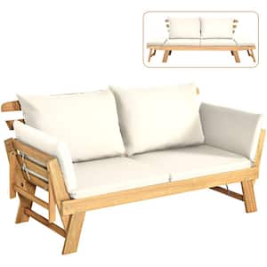 1-Piece Wood Outdoor Recliner with White Cushions