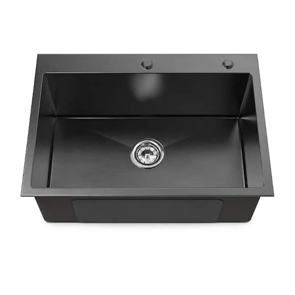 27 inch x 19 inch Stainless Steel Single Bowl Kitchen Sink in Black with US Standard Drain and Hook