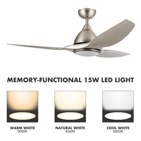 52" Ceiling Fan Remote Control 3 Speed 3 Color 15W LED Light Kit Brushed Nickel 
