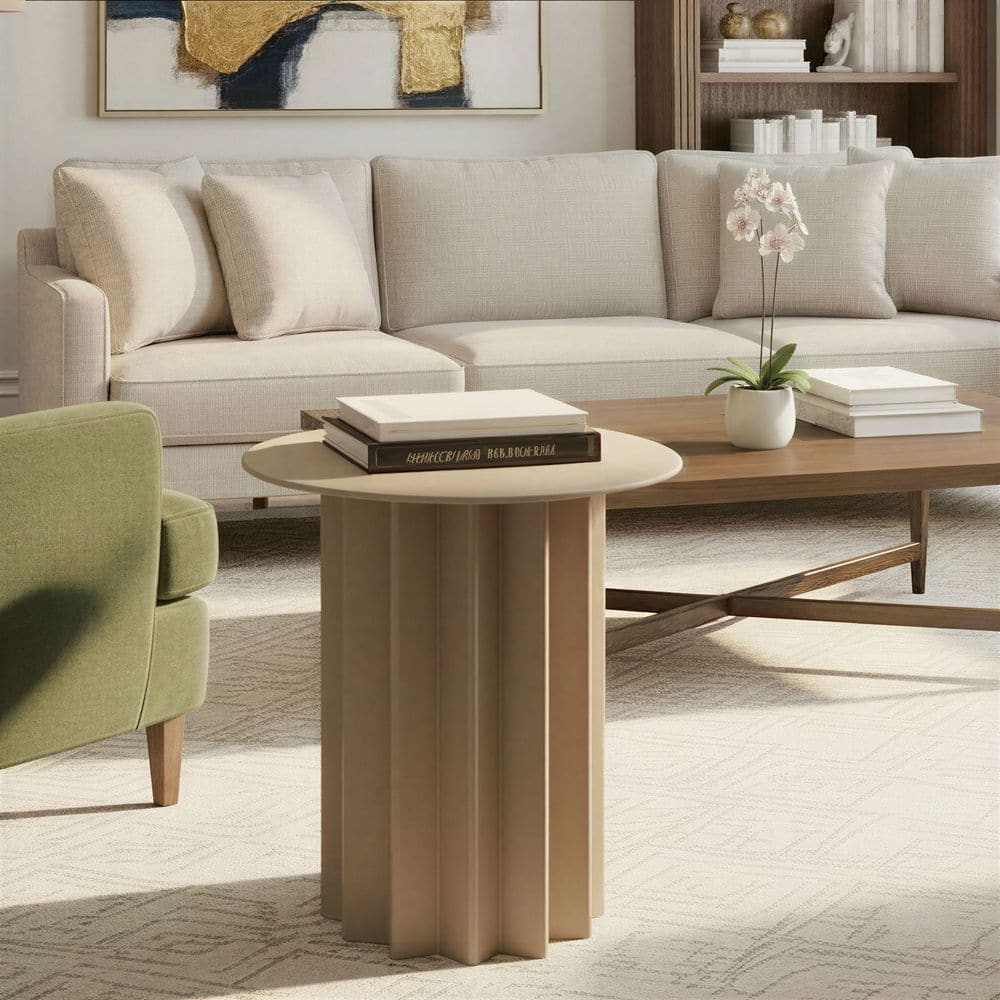 Greenpoint 17.8 in. Beige Round Pleated Metal End Table