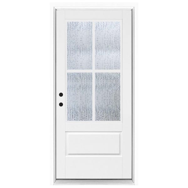 36 in. x 80 in. 3/4 Lite Right-Hand Inswing 4-Lite SDL Water Wave Glass Finished White Fiberglass Prehung Front Door