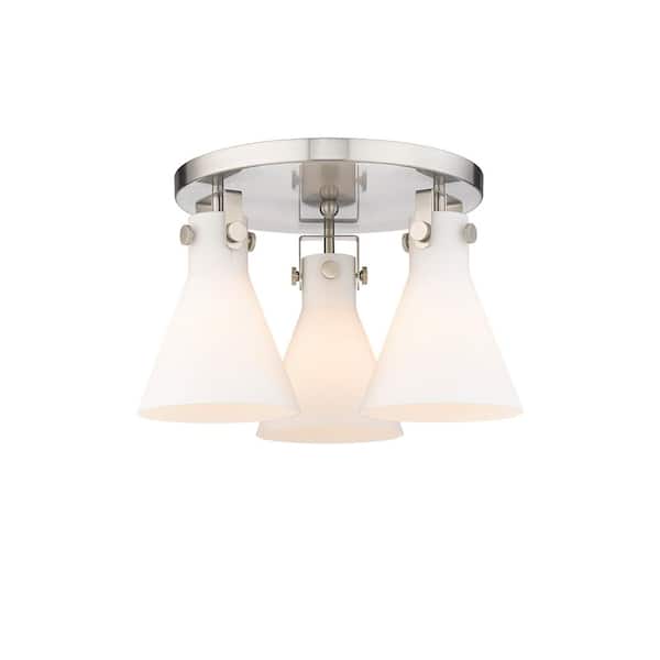Newton Cone 19.63 in. 3-Light Satin Nickel Industrial Flush Mount with Seeded Glass Shade