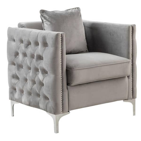 Benjara Gray Square Arms Velvet Upholstery Modern contemporary style Sofa with 1 Pillow and Silver Legs