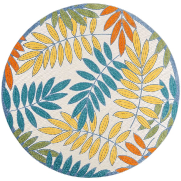 Nourison Aloha Ivory/Multi 8 ft. x 8 ft. Round Floral Contemporary Indoor/Outdoor Patio Area Rug