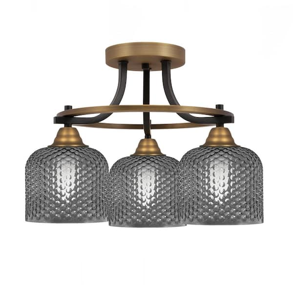Madison 14 in. 3- Light Matte Black and Brass Semi Flush Mount with 6 in. Smoke Glass Shades No bulbs included