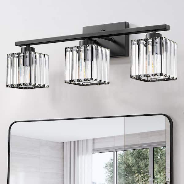 24 in. 3-Light Black Vanity Light with square crystal glass shades