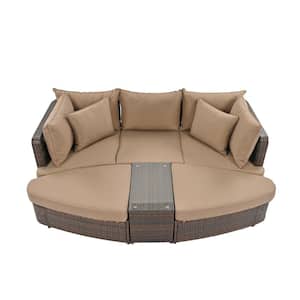 6-Piece Patio PE Wicker Outdoor Conversation Round Sofa Set, Seating Group with Brown Cushions, Coffee Table
