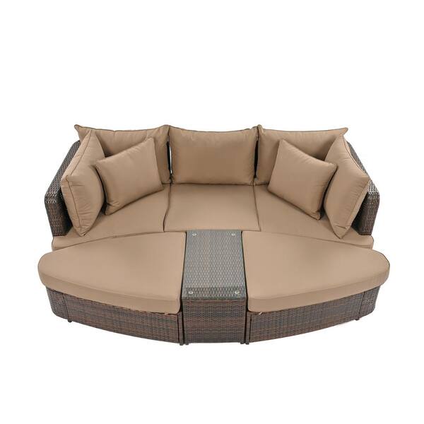 Runesay 6-Piece Patio PE Wicker Outdoor Conversation Round Sofa Set, Seating Group with Brown Cushions, Coffee Table
