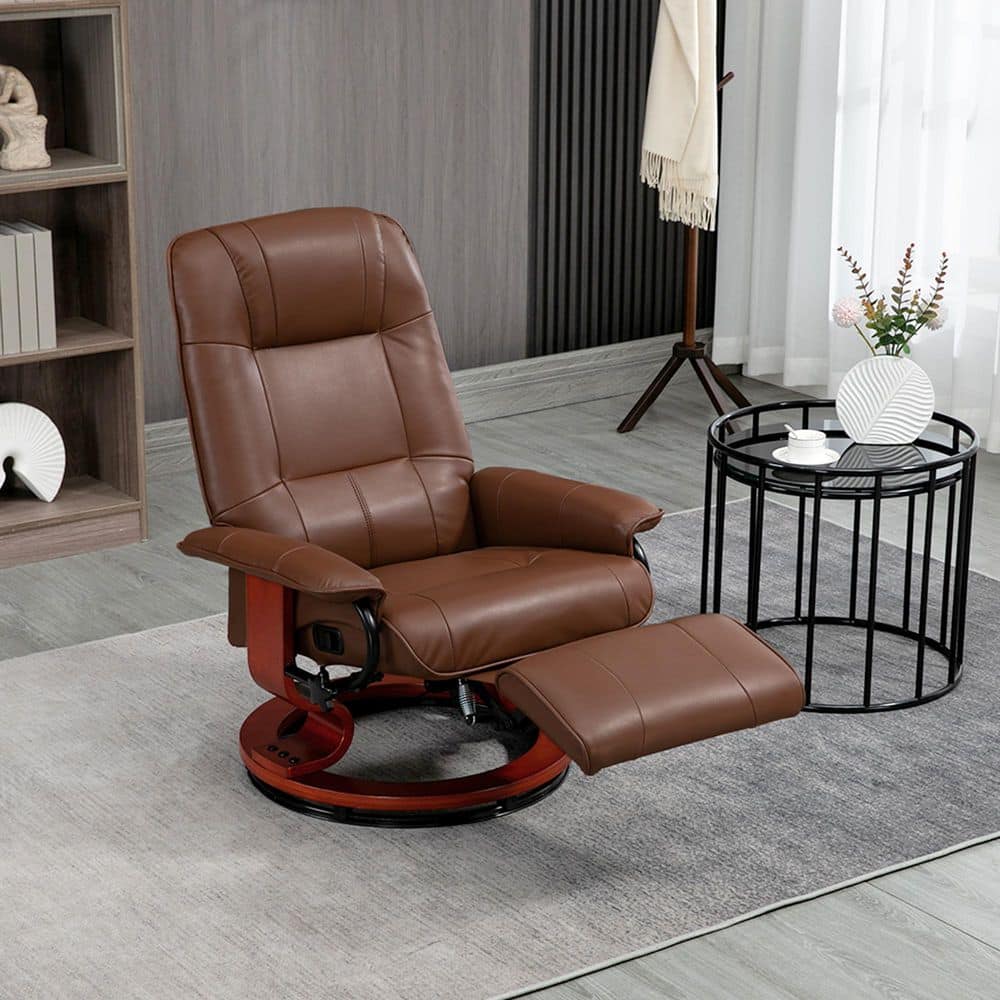 Brown Faux Leather Swivel Recliner with Wood Base