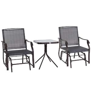 3 Piece Gray Metal Outdoor Bistro Set, 2 Patio Rocking Swing Chairs with Sling Fabric, Coffee Table with Glass Tabletop
