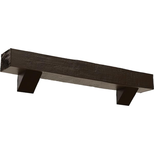 Ekena Millwork 4 in. x 4 in. x 4 ft. Rough Cedar Faux Wood Fireplace Mantel Kit, Breckinridge Corbels, Burnished Mahogany